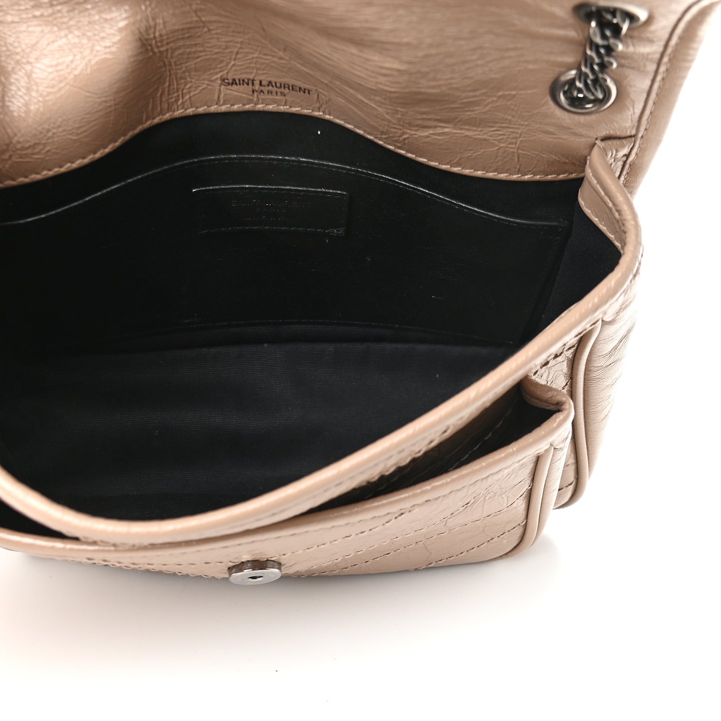 Crinkled Calfskin Matelasse Monogram Baby Niki Chain Satchel Light Taupe