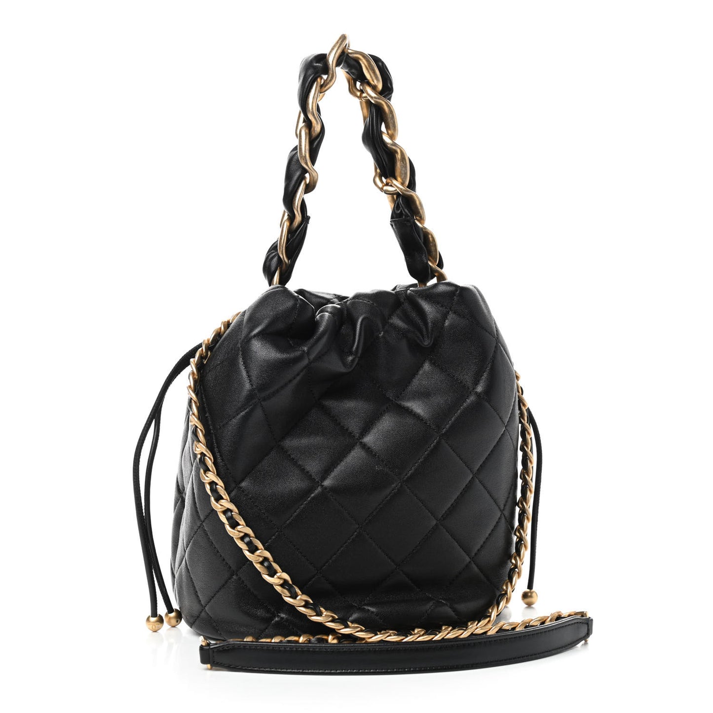 Shiny Lambskin Quilted Chain Is More Drawstring Bag Black