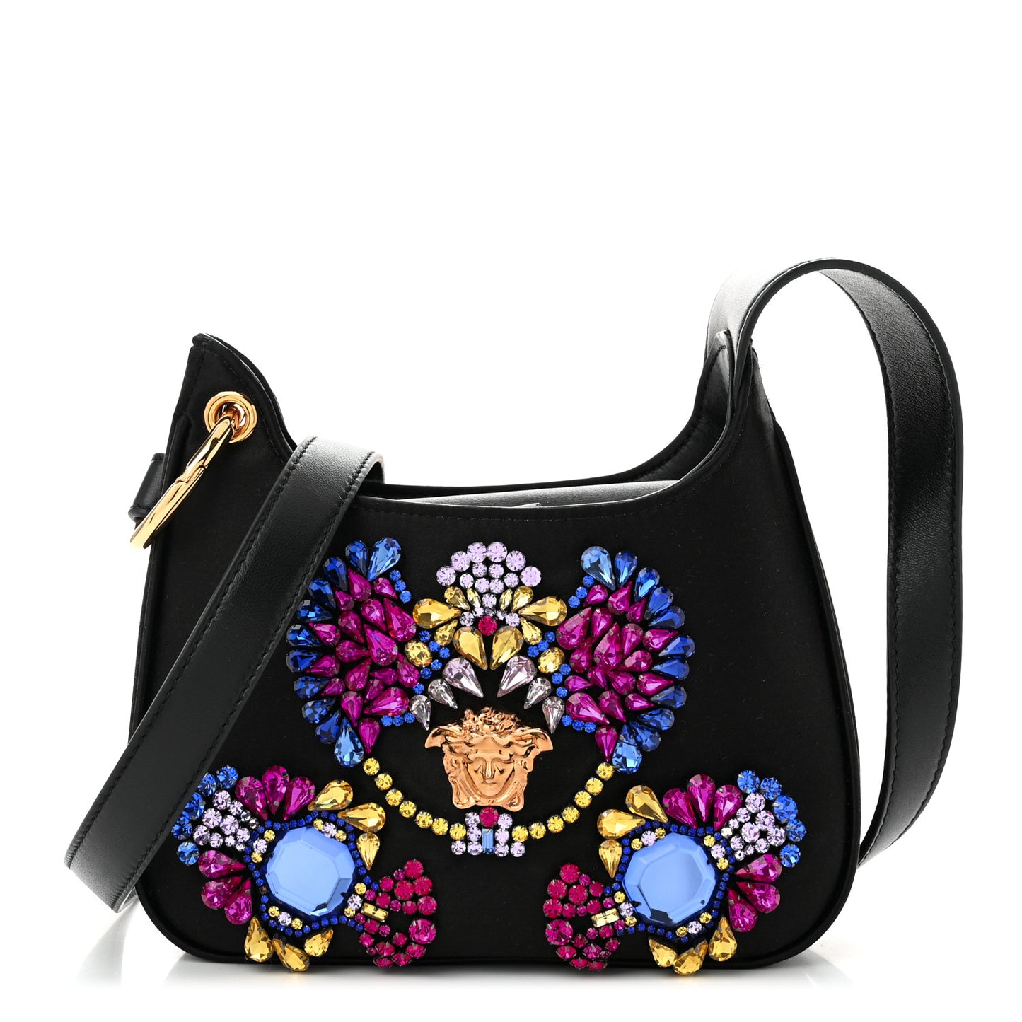 Satin Crystal Embellished La Medusa Mini Hobo Bag Black Multicolor