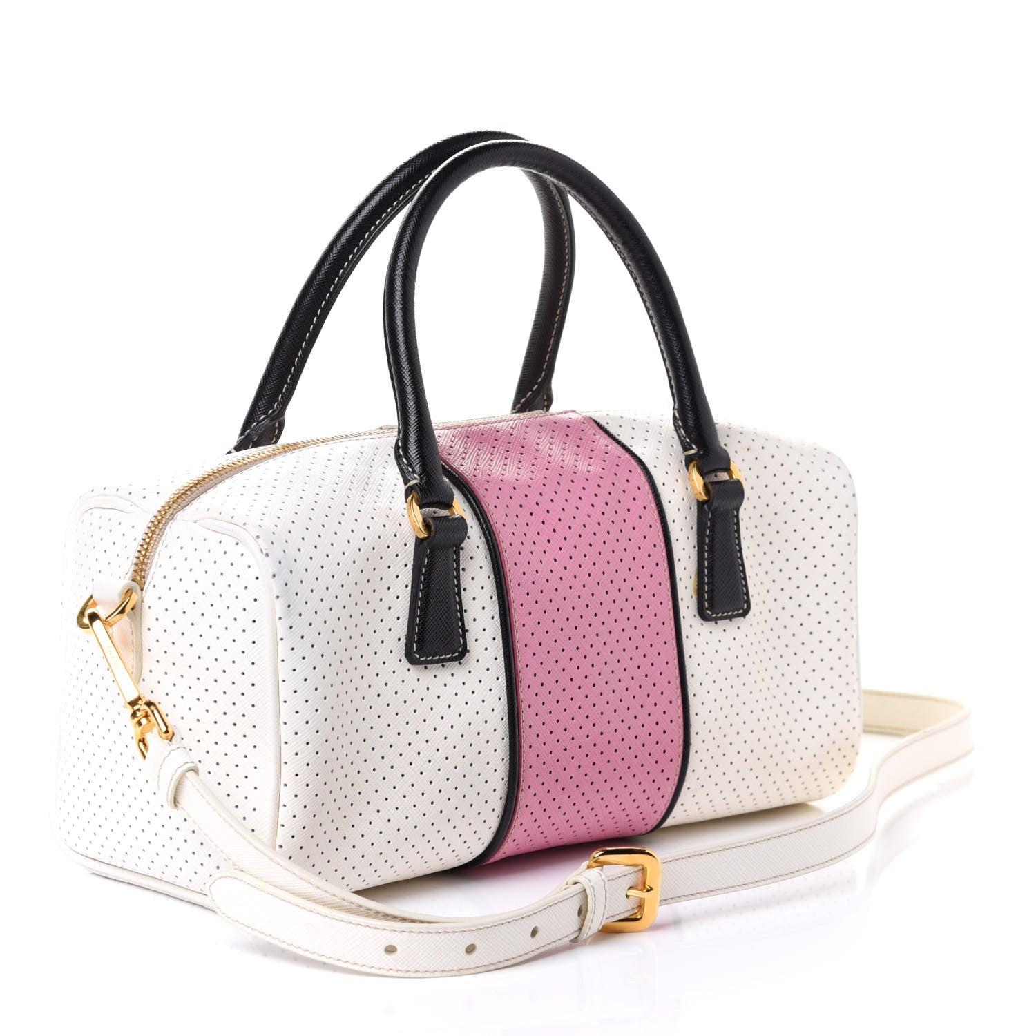 Prada Saffiano Perforated Striped Shoulder Bag White Black 2 of 5