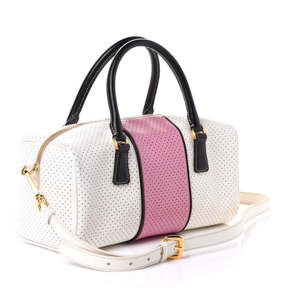 Prada Saffiano Perforated Striped Shoulder Bag White Black 2 of 5