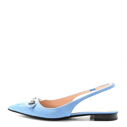 Gucci Canvas GG Monogram Horsebit Womens Slingback Ballet Flat 38 Light Blue 1 of 10