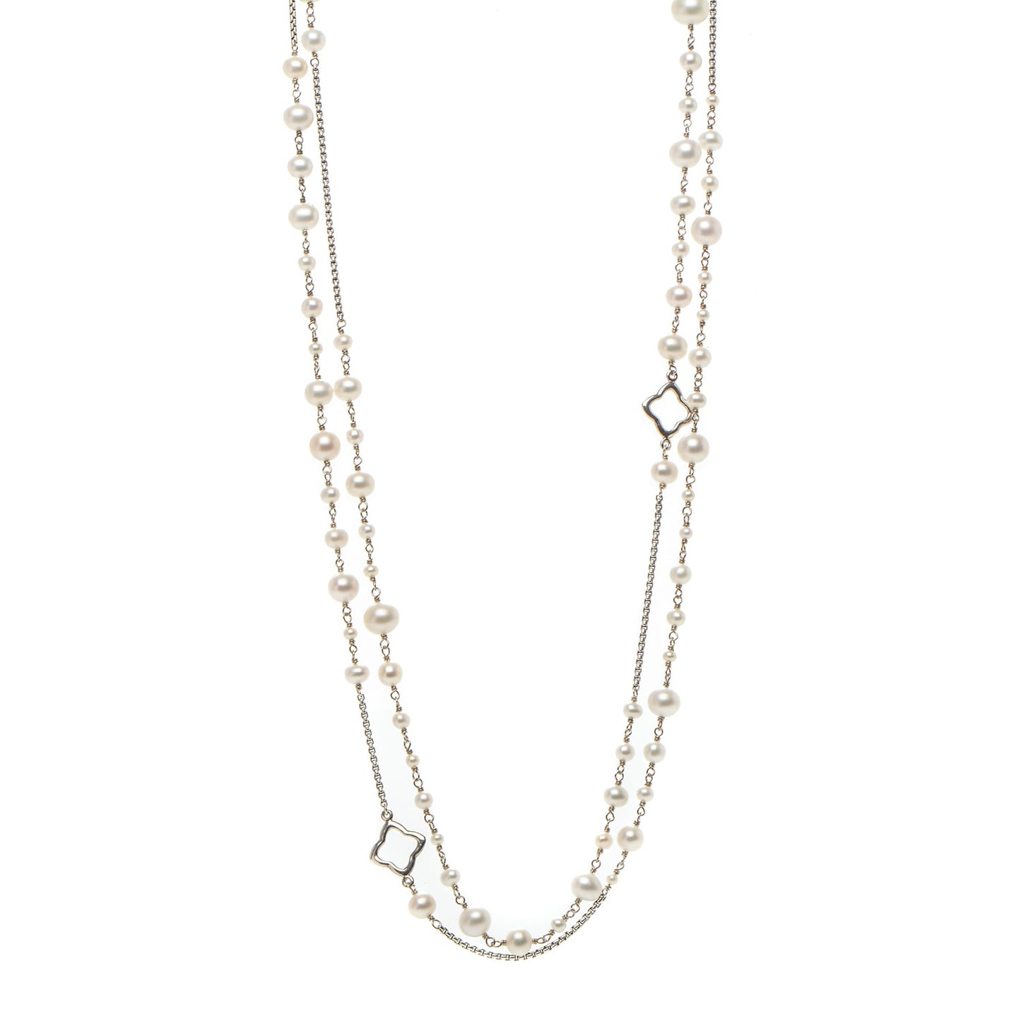 Sterling Silver Pearl 7.5mm Quatrefoil Long Chain Necklace