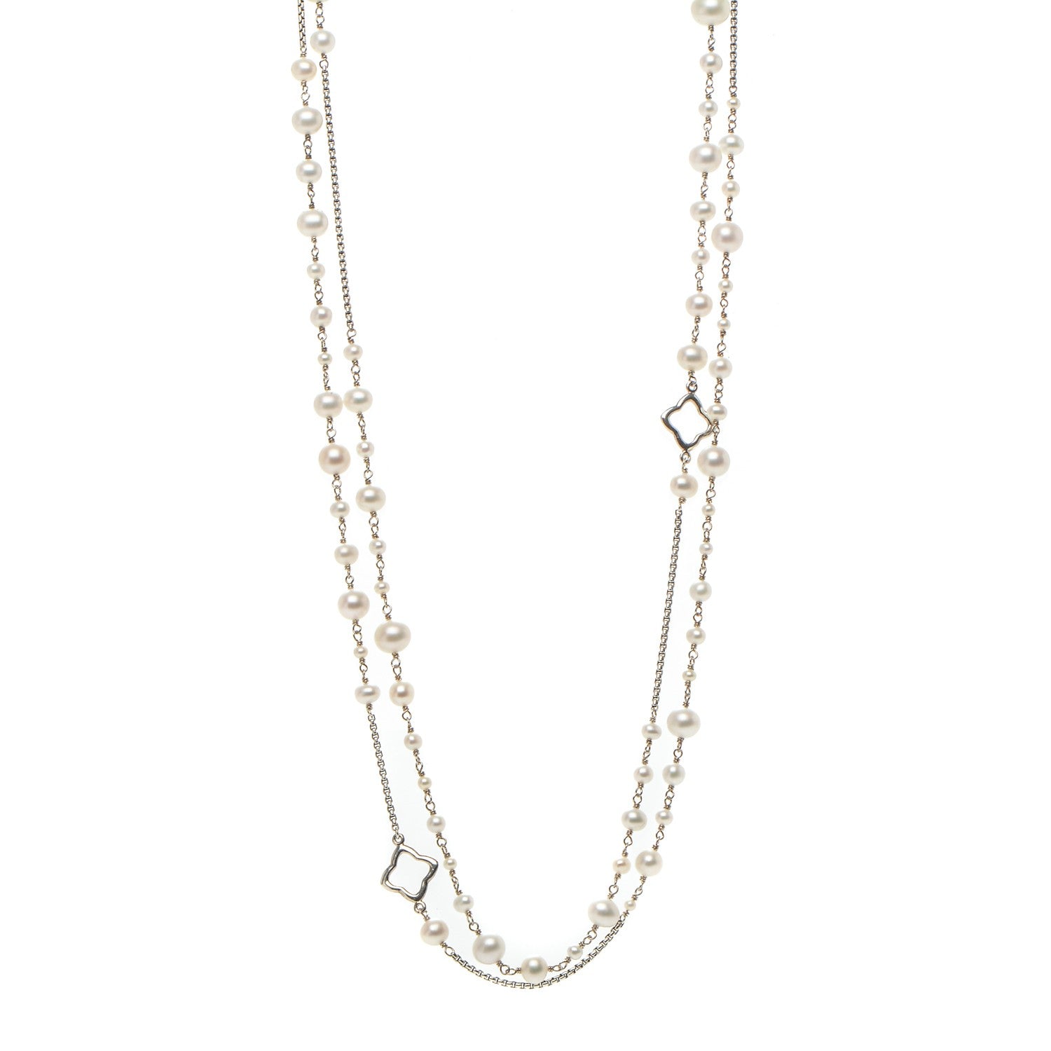 David Yurman Sterling Silver Pearl 7.5mm Quatrefoil Long Chain Necklace 1 of 6