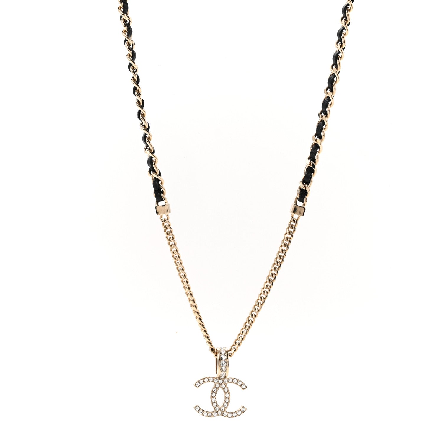 Chanel Lambskin Crystal CC Chain Pendant Necklace Black Gold