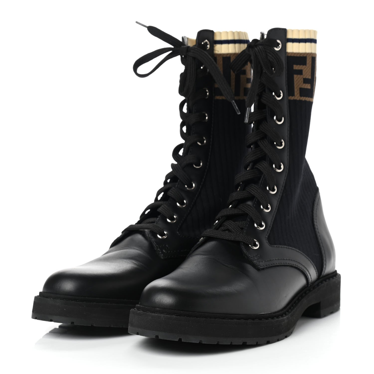 Fendi Calfskin Stretch Fabric Rockoko Biker Boots 38.5 Tobacco Black Marino 3 of 10