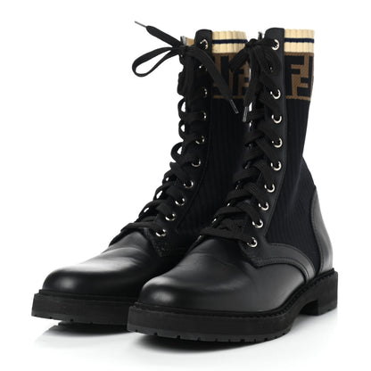 Fendi Calfskin Stretch Fabric Rockoko Biker Boots 38.5 Tobacco Black Marino 3 of 10