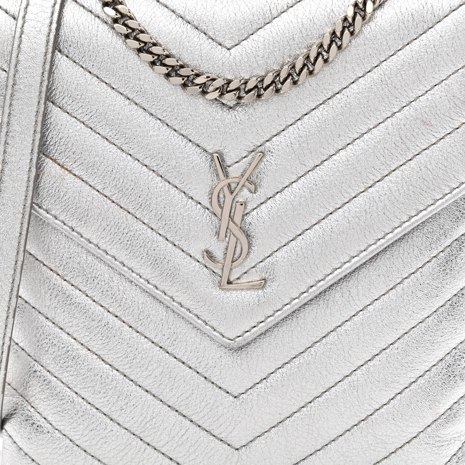 Saint Laurent Metallic Lambskin Quilted Double Flap Bag Silver