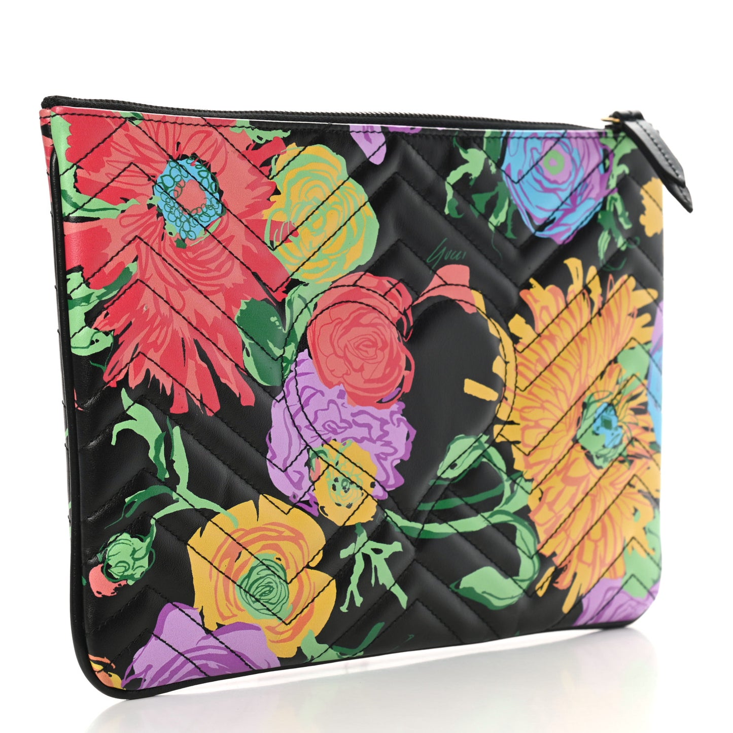 X KEN SCOTT Calfskin Matelasse Floral Print GG Marmont Zip Pouch Black