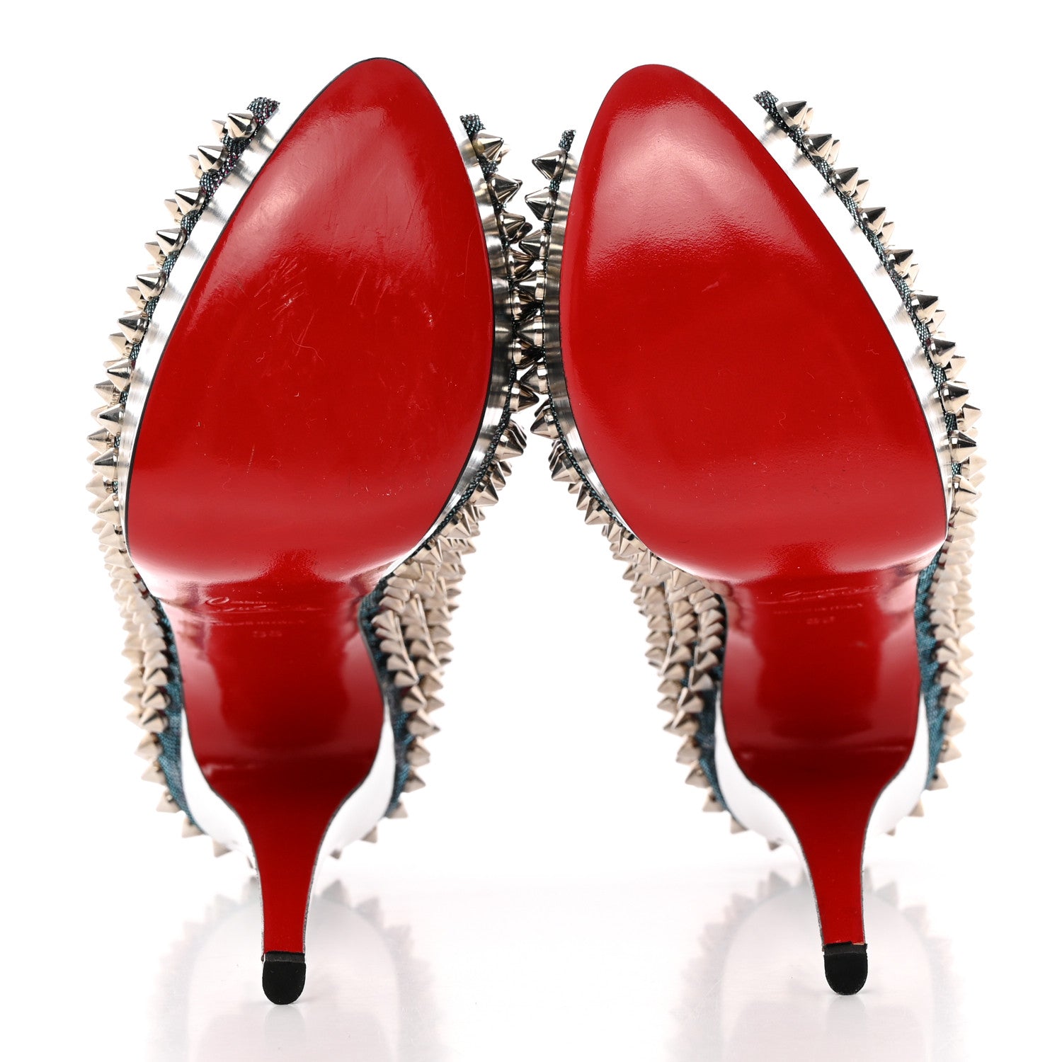 Christian Louboutin Lame Satin Lady Peep Spikes 150 Pumps 36 Turquoise Violet Silver 6 of 13