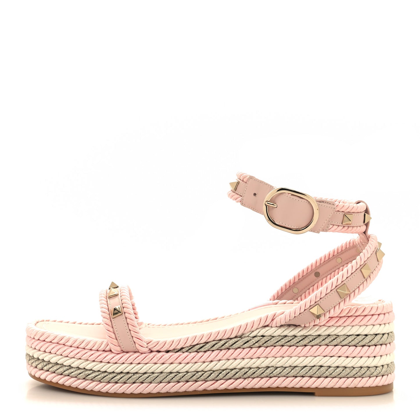 Calfskin Rockstud Rope Espadrille Wedge Sandals 41 Pink