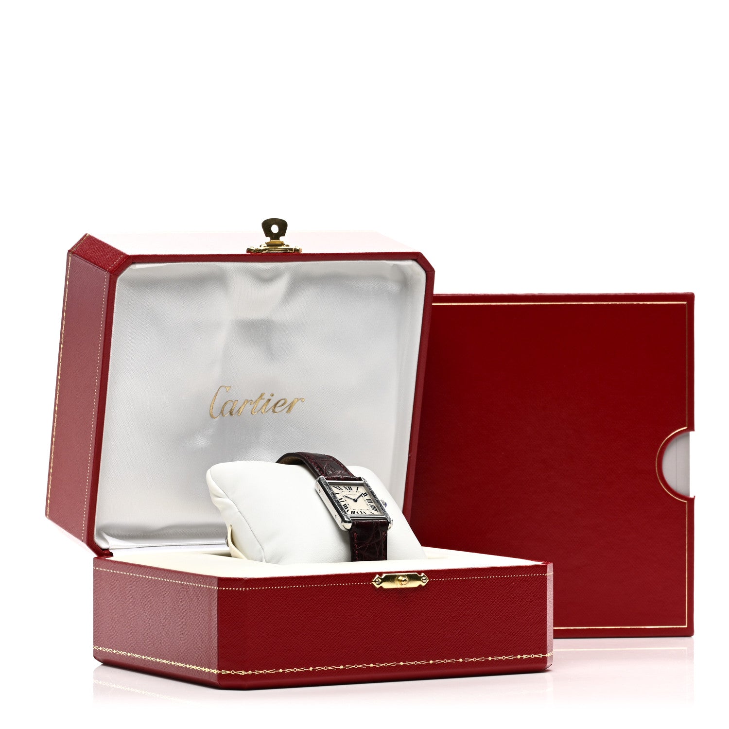 Cartier Stainless Steel Alligator 24mm Tank Solo Quartz Watch Burgundy 5 of 5