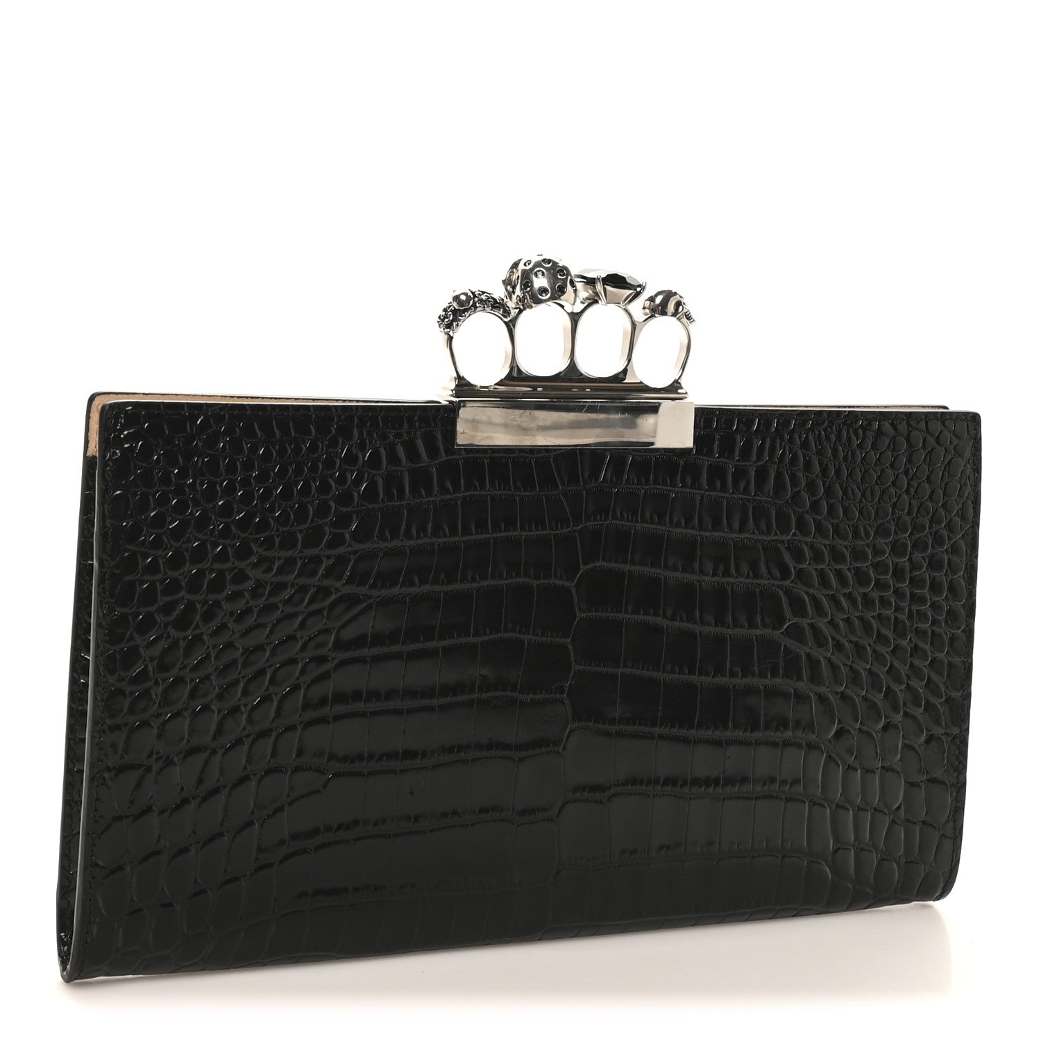 Alexander McQueen Calfskin Crocodile Embossed Knuckle Flat Clutch Black 3 of 6