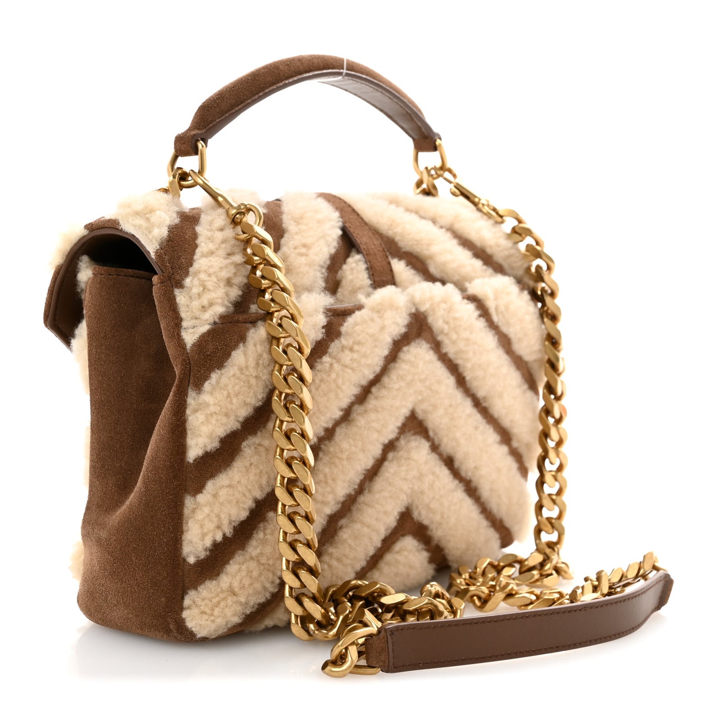 Nubuck Shearling Chevron Monogram Medium College Bag Dark Cigar Natural Beige