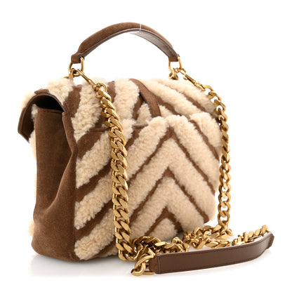 Saint Laurent Nubuck Shearling Chevron Monogram Medium College Bag Dark Cigar Natural Beige 3 of 13