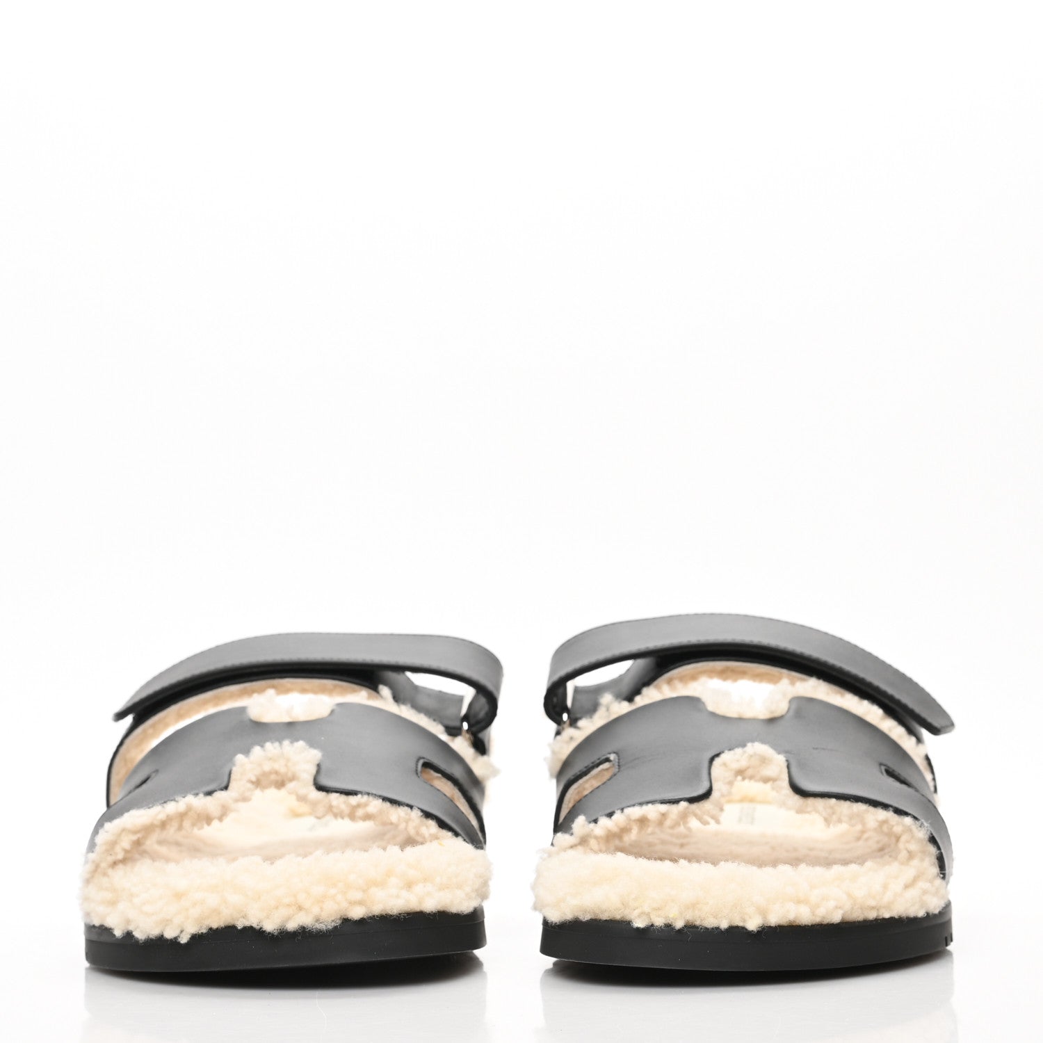 Hermes Calfskin Woolskin Mens Chypre Sandals 42.5 Black Ecru 2 of 9