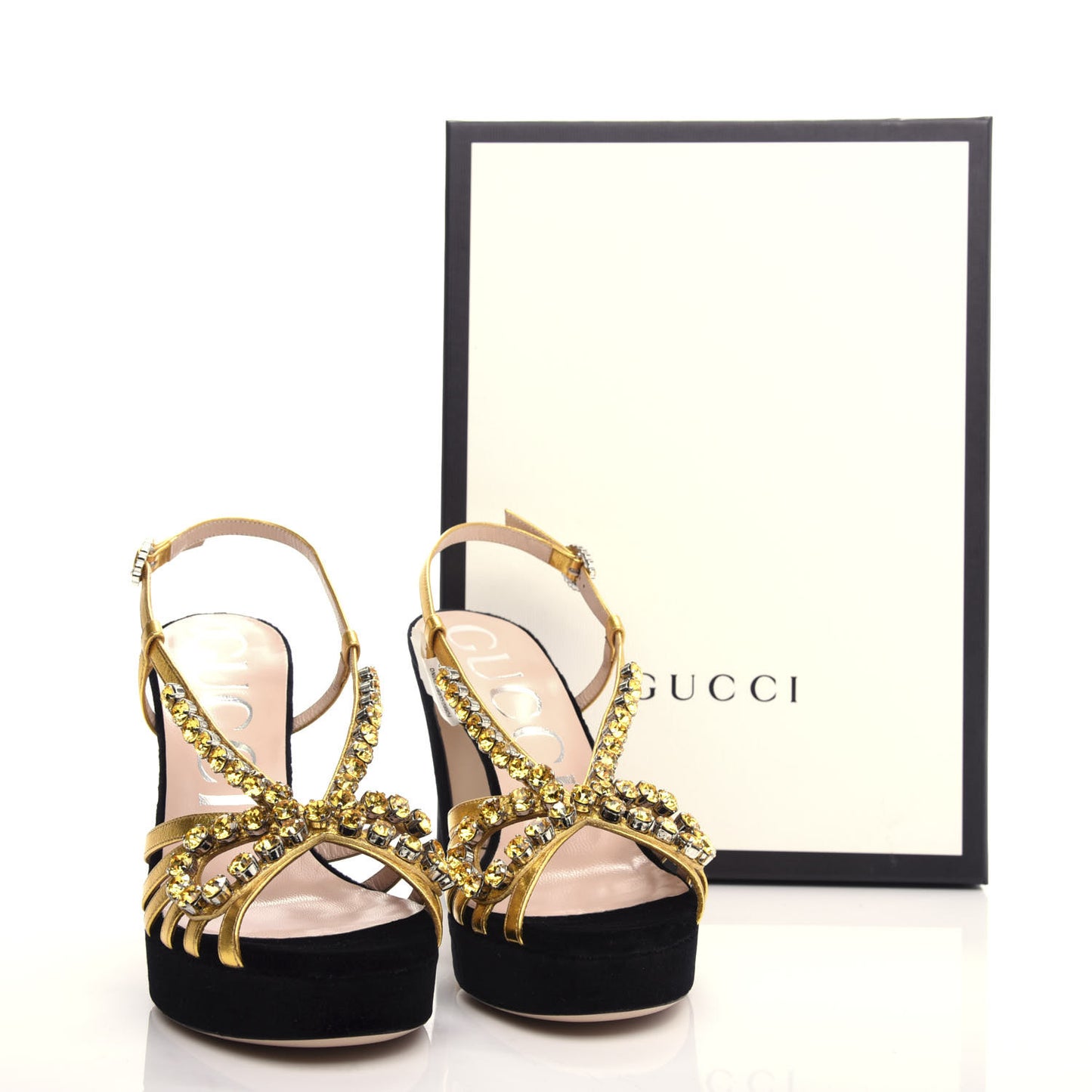 Velvet Nappa Crystal Zephyra Slingback Platform High Heel Sandals 37.5 Black Gold