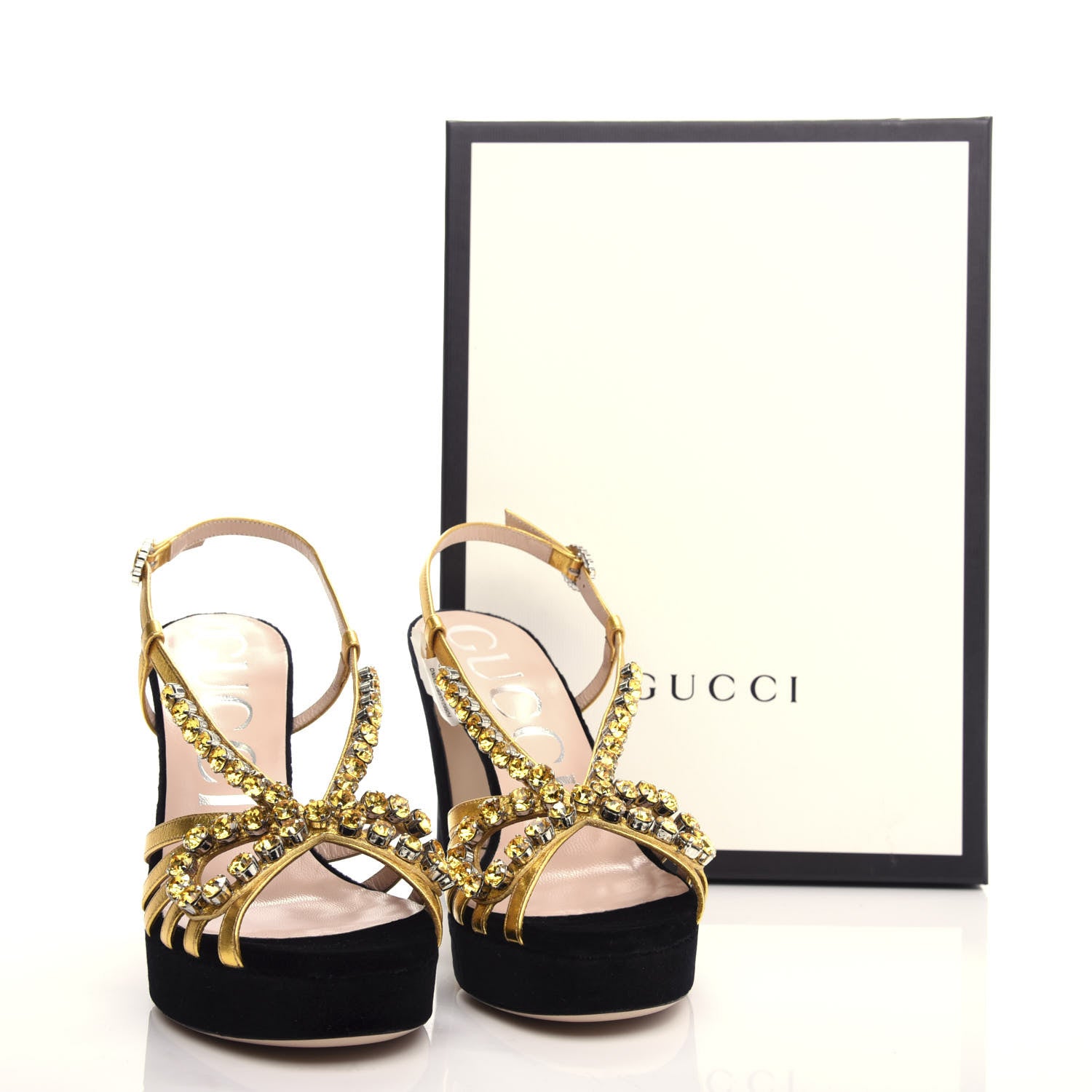 Gucci Velvet Nappa Crystal Zephyra Slingback Platform High Heel Sandals 37.5 Black Gold 10 of 10