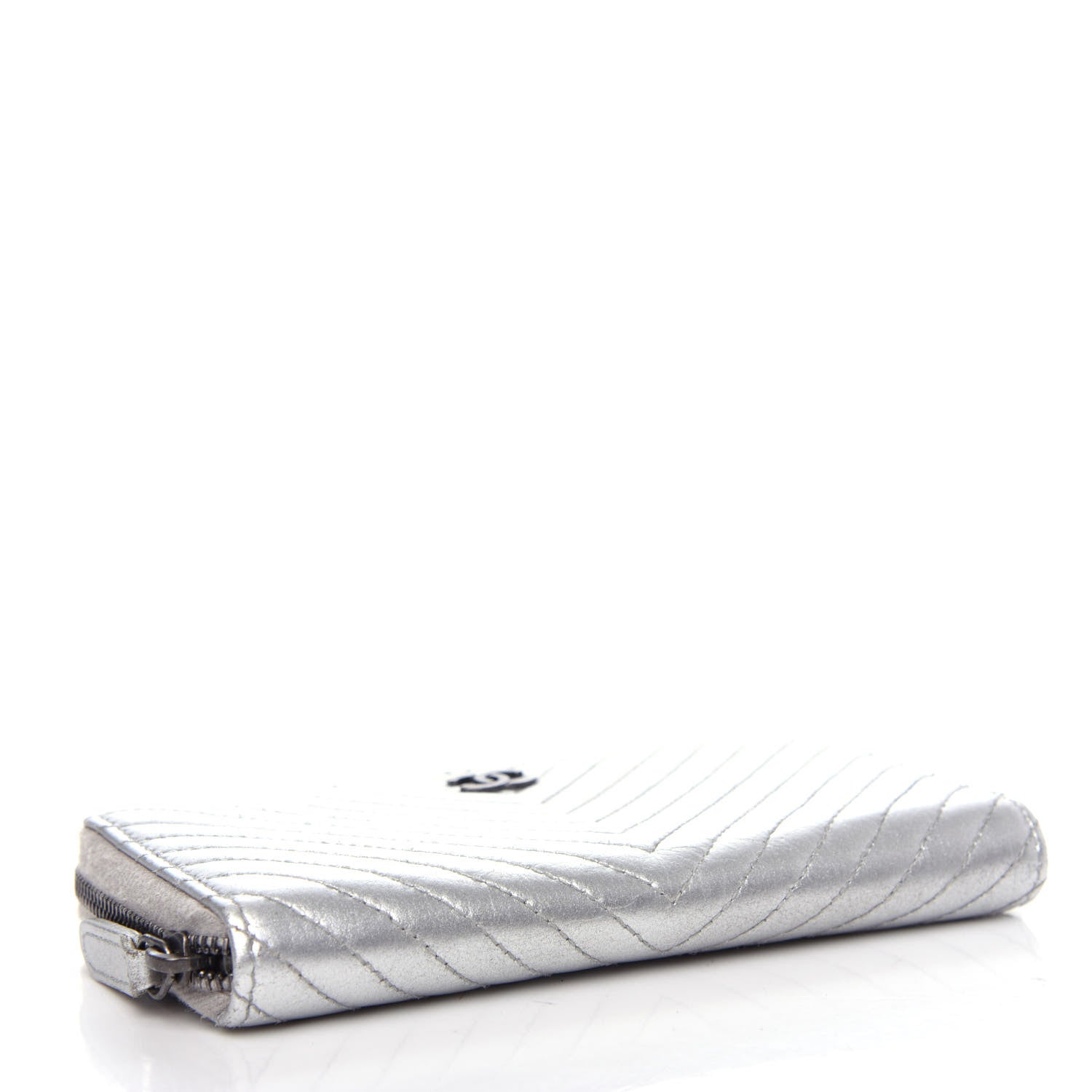 Chanel Metallic Lambskin Chevron Quilted Small Zip Around Wallet Silver 4 of 9