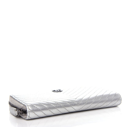 Chanel Metallic Lambskin Chevron Quilted Small Zip Around Wallet Silver 4 of 9
