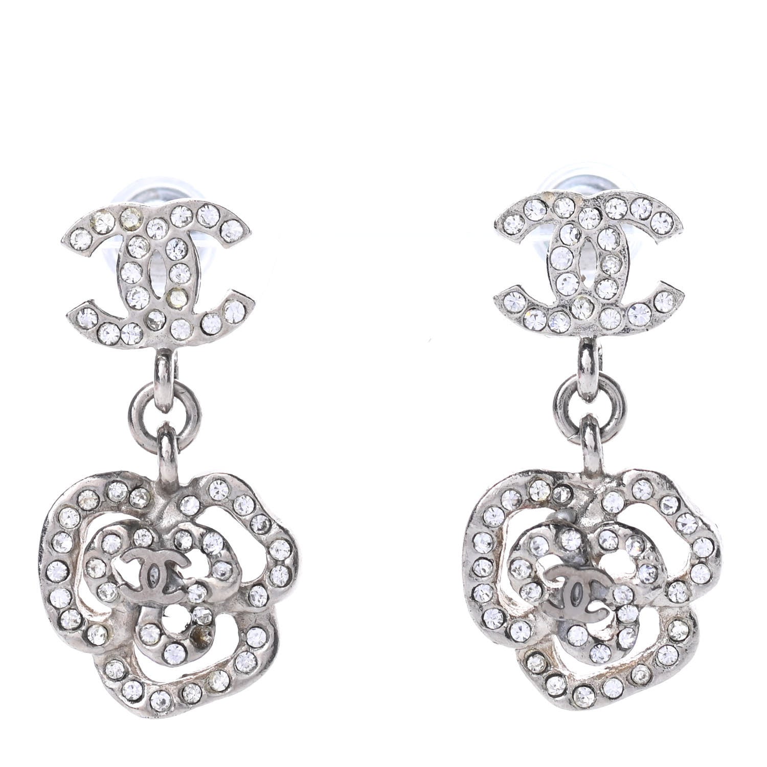 Chanel Crystal CC Camellia Drop Earrings Silver 1 of 5