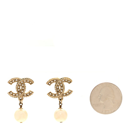 Chanel Crystal Timeless CC Pearl Drop Earrings Light Gold 2 of 5