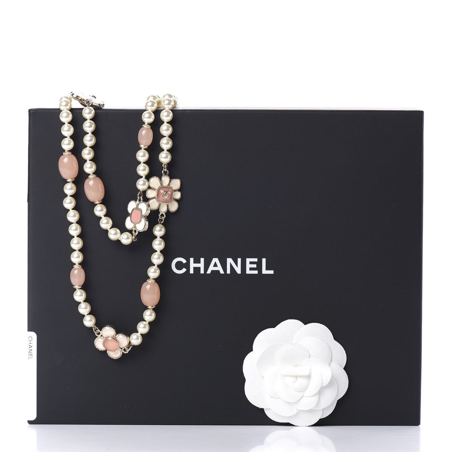 Pearl Gripoix Poured Glass CC Korean Blossom Long Necklace Pink Gold