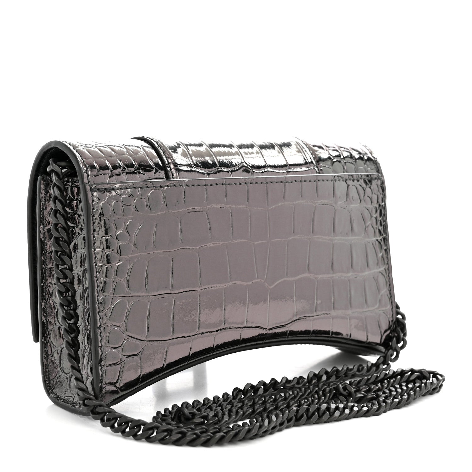 Balenciaga Shiny Metallic Calfskin Crocodile Embossed Hourglass Chain Bag Gunmetal 3 of 10