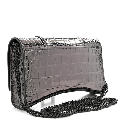 Balenciaga Shiny Metallic Calfskin Crocodile Embossed Hourglass Chain Bag Gunmetal 3 of 10