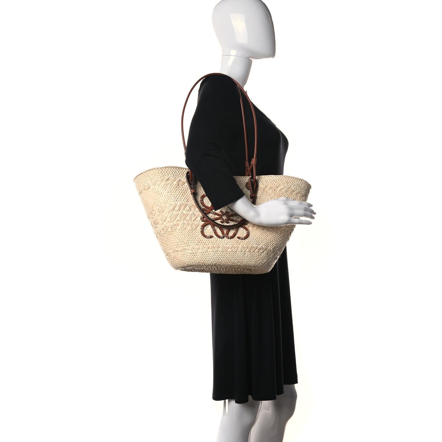 Iraca Palm Calfskin Medium Anagram Basket Bag Natural Tan