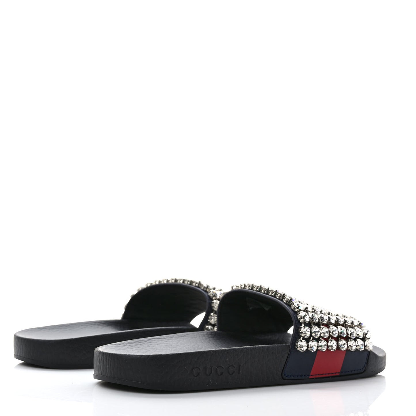 Calfskin Crystal Embellished Web Slide Sandals 41 Blue Red