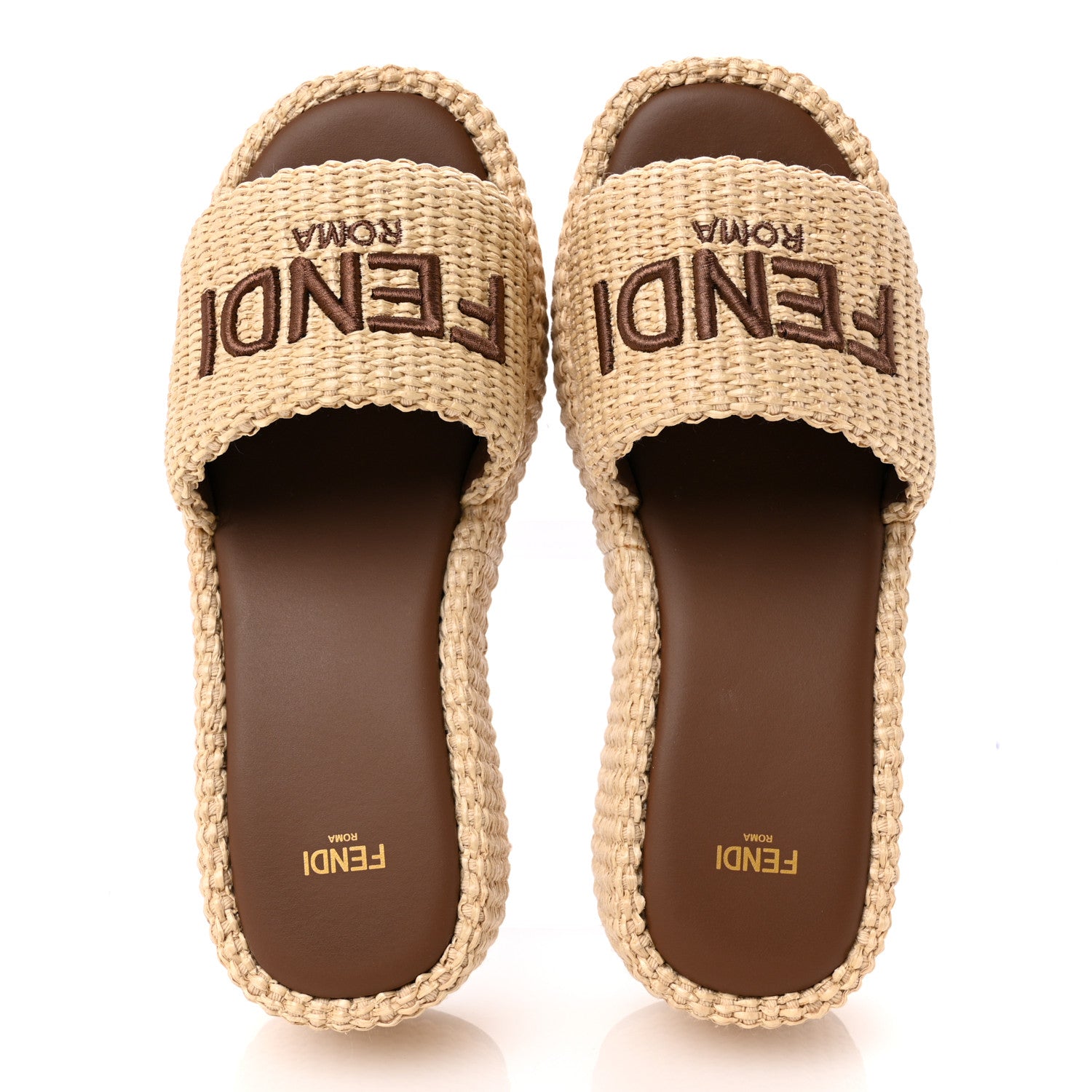 Fendi Straw Vitello Grace Cuoio Logo Womens FF Sunshine Flatform Slide Sandals  38 Natural Brandy 2 of 10