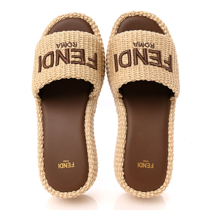 Fendi Straw Vitello Grace Cuoio Logo Womens FF Sunshine Flatform Slide Sandals  38 Natural Brandy 2 of 10