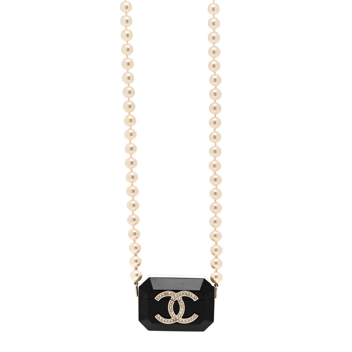 Chanel Resin Crystal Pearl Airpods Holder Necklace Black Pearly White 1 of 5
