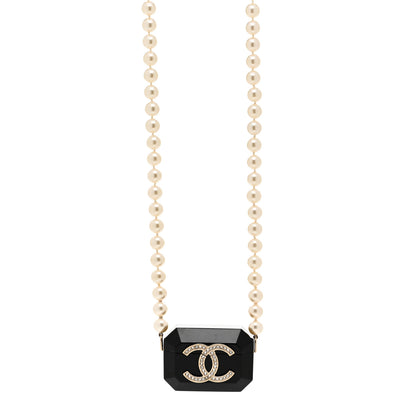 Chanel Resin Crystal Pearl Airpods Holder Necklace Black Pearly White 1 of 5