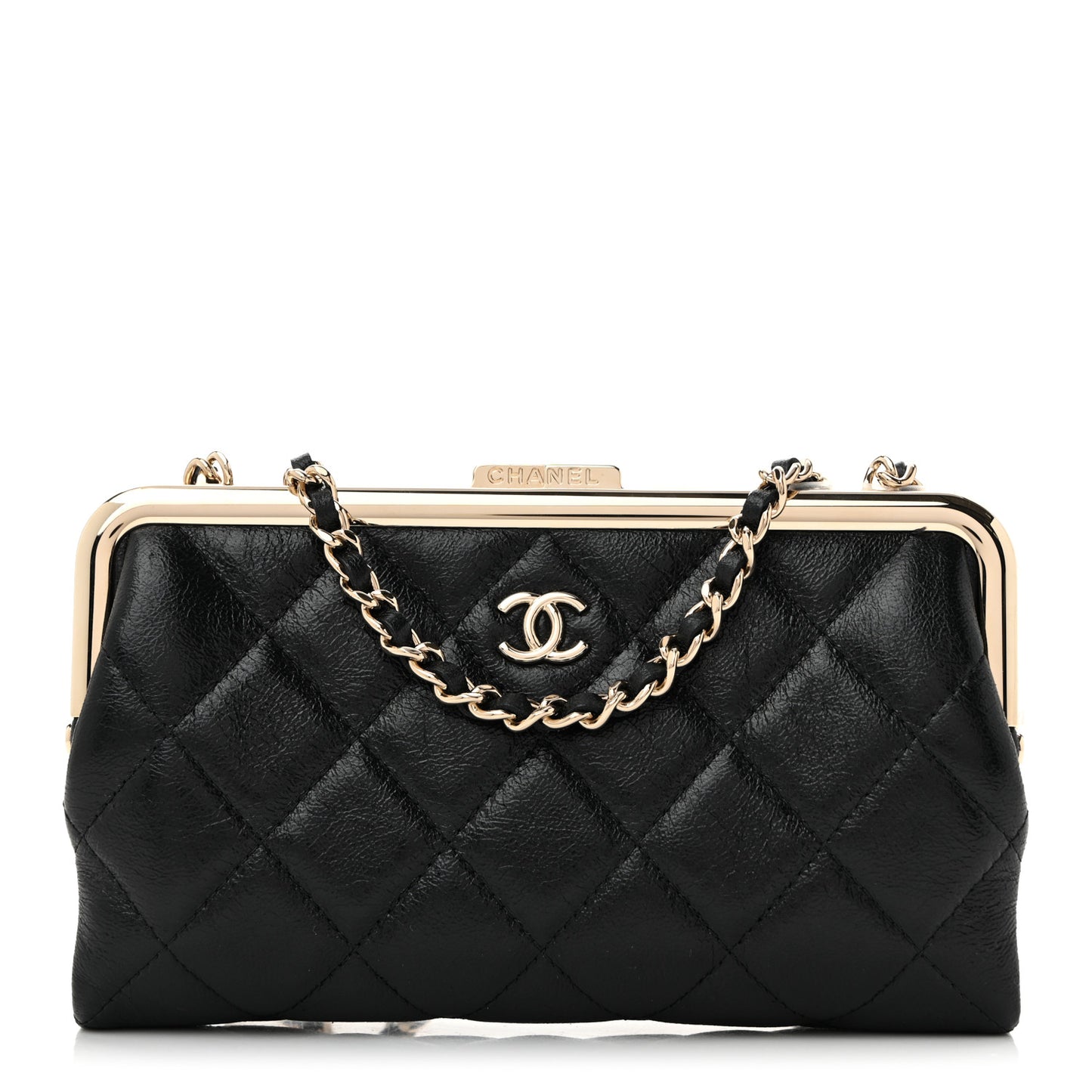 Lambskin Quilted Frame Clutch With Chain Black
