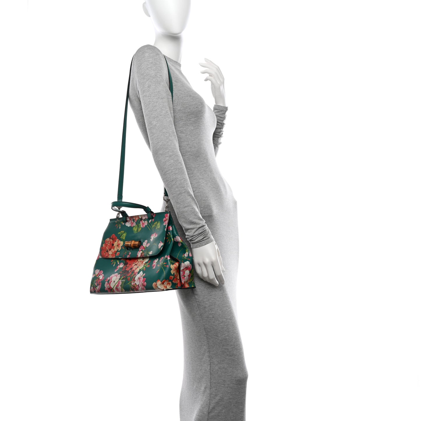 Shangai Calfskin Blooms Print Medium Bamboo Daily Top Handle Bag Clear Bright Emerald Multicolor