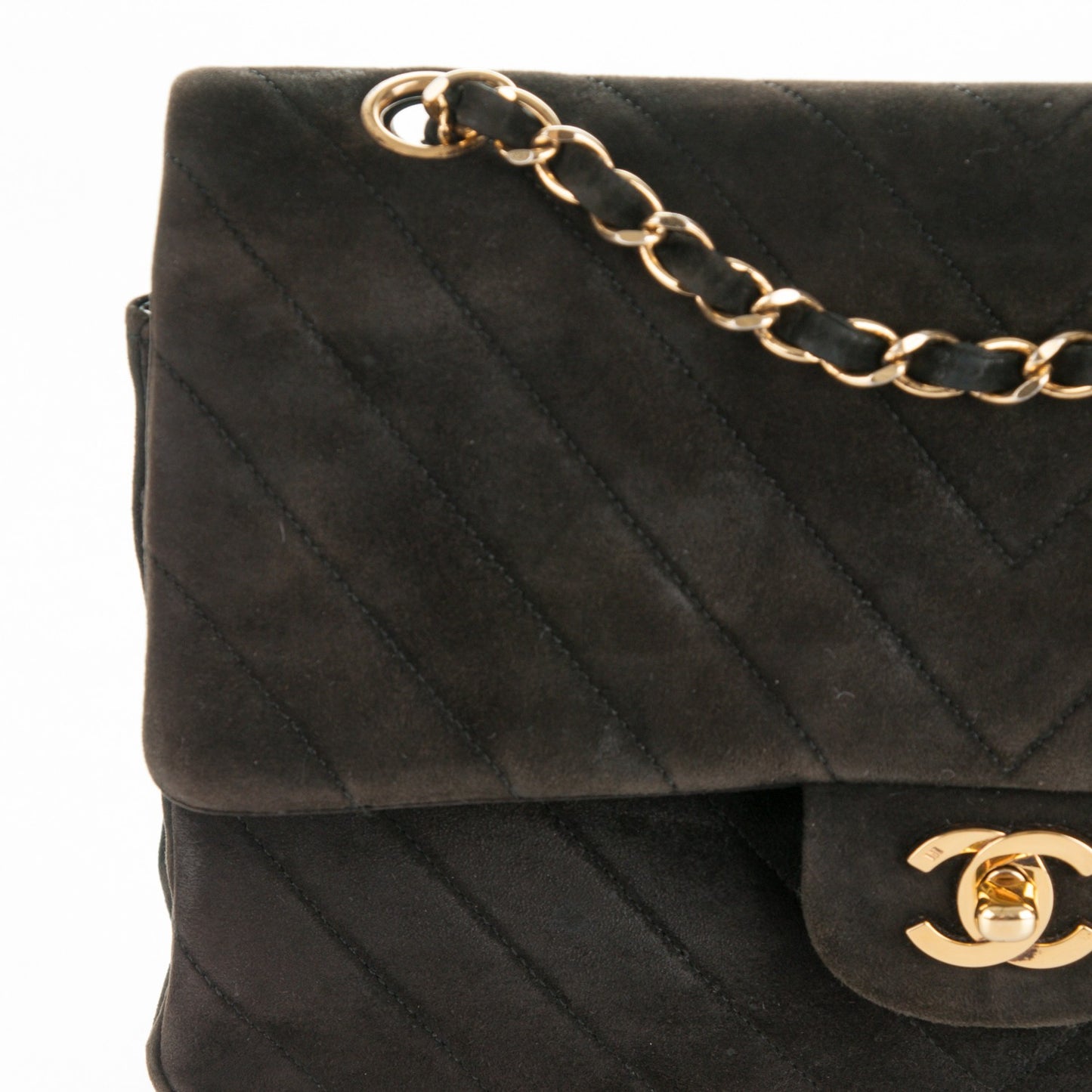 Suede Chevron Medium Double Flap Bag Black