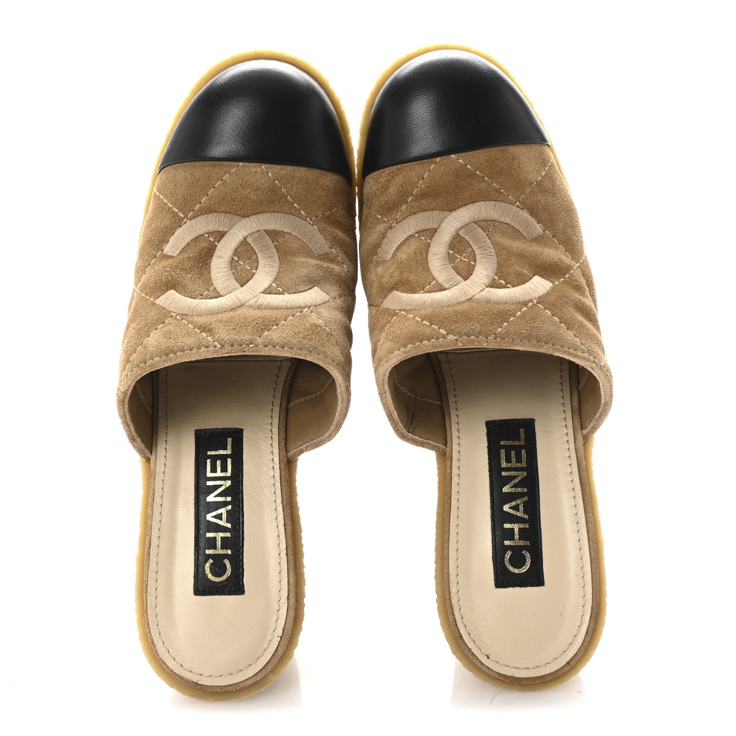 Chanel Suede Lambskin Quilted CC Mules 39 Black Beige 2 of 10
