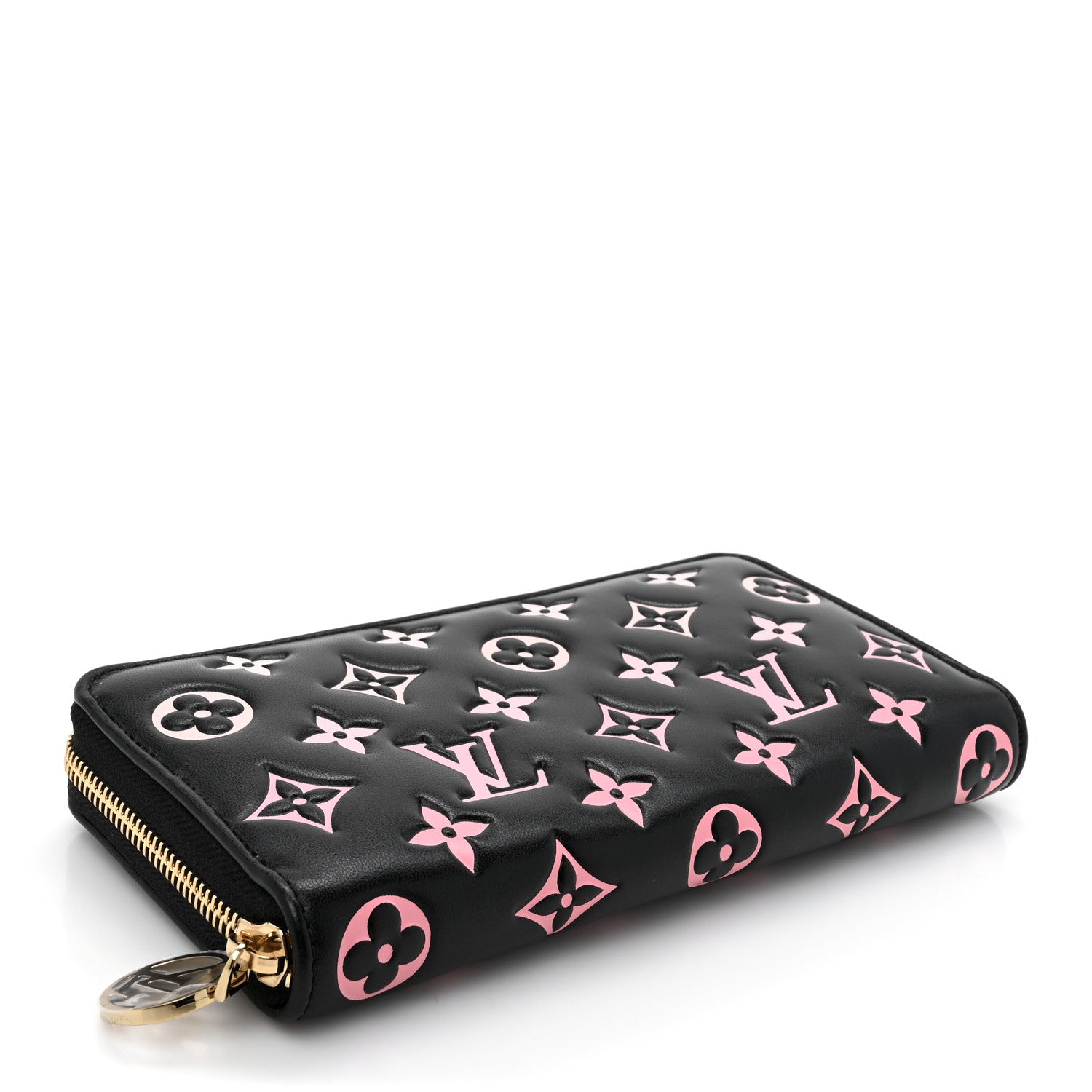 Louis Vuitton Lambskin Embossed Monogram LV Ski Coussin Zippy Wallet Black Pink 4 of 8