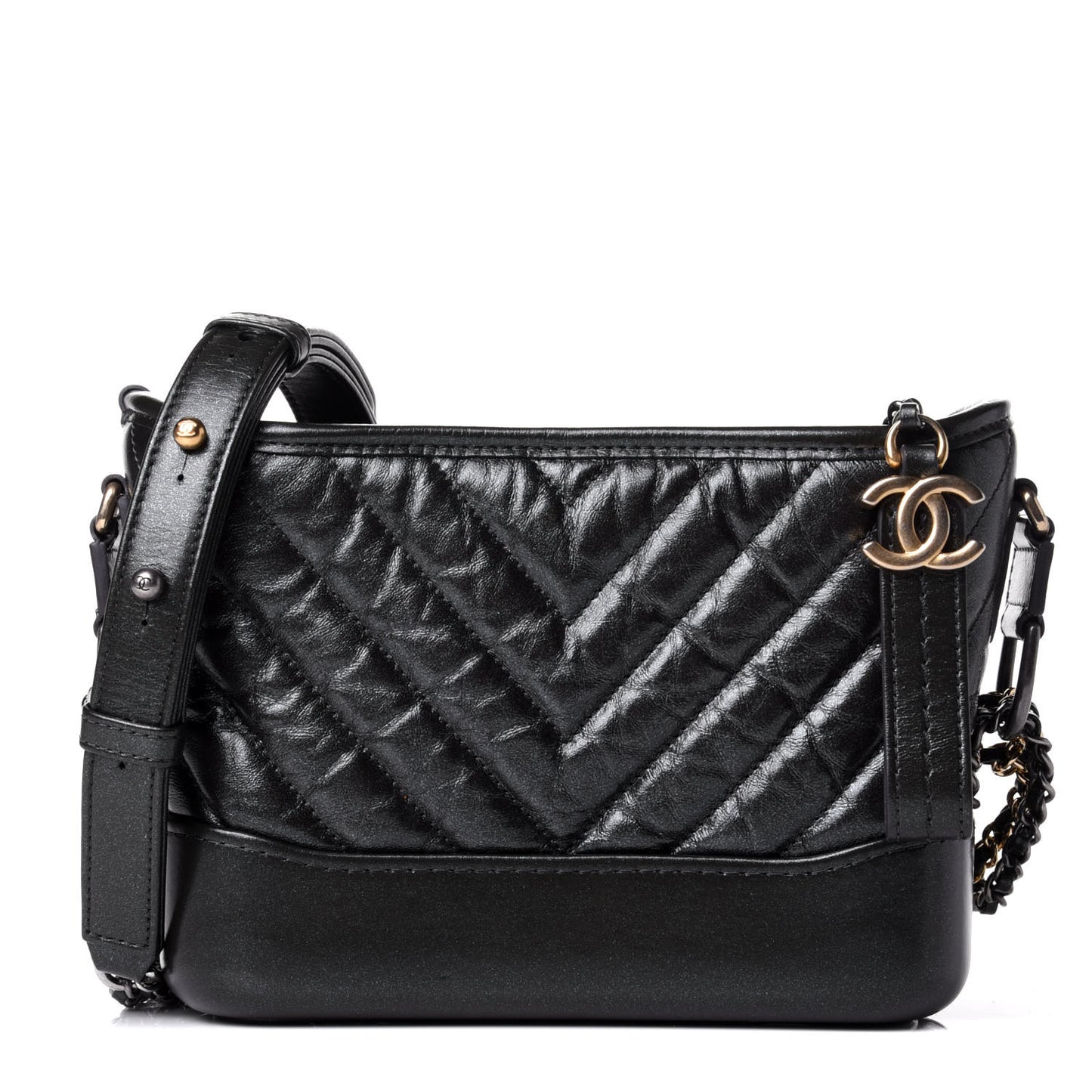 Metallic Aged Calfskin Chevron Quilted Small Gabrielle Hobo Dark Grey