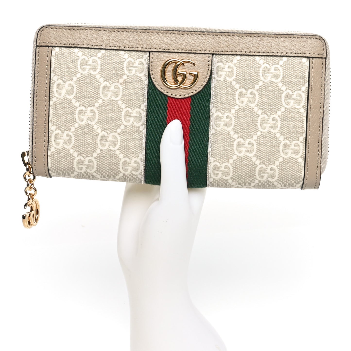GG Supreme Monogram Textured Dollar Calfskin Web Ophidia Zip Around Wallet Beige Mystic White Oatmeal