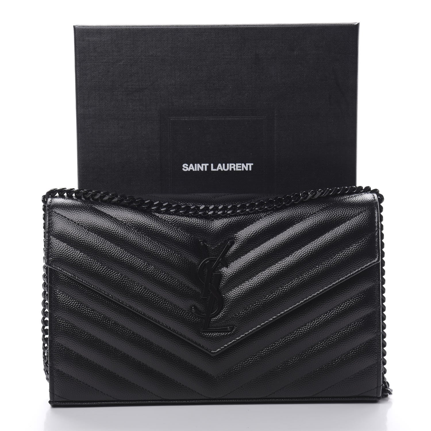 Saint Laurent Grain De Poudre Matelasse Chevron Monogram Chain Wallet Black 11 of 11