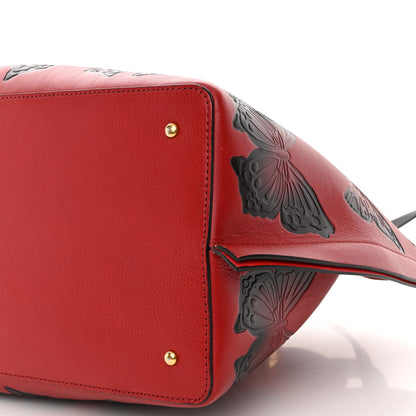 Valentino Garavani Grained Calfskin Butterfly Embossed Medium VLogo Escape Shopper Bag Red Black 9 of 10
