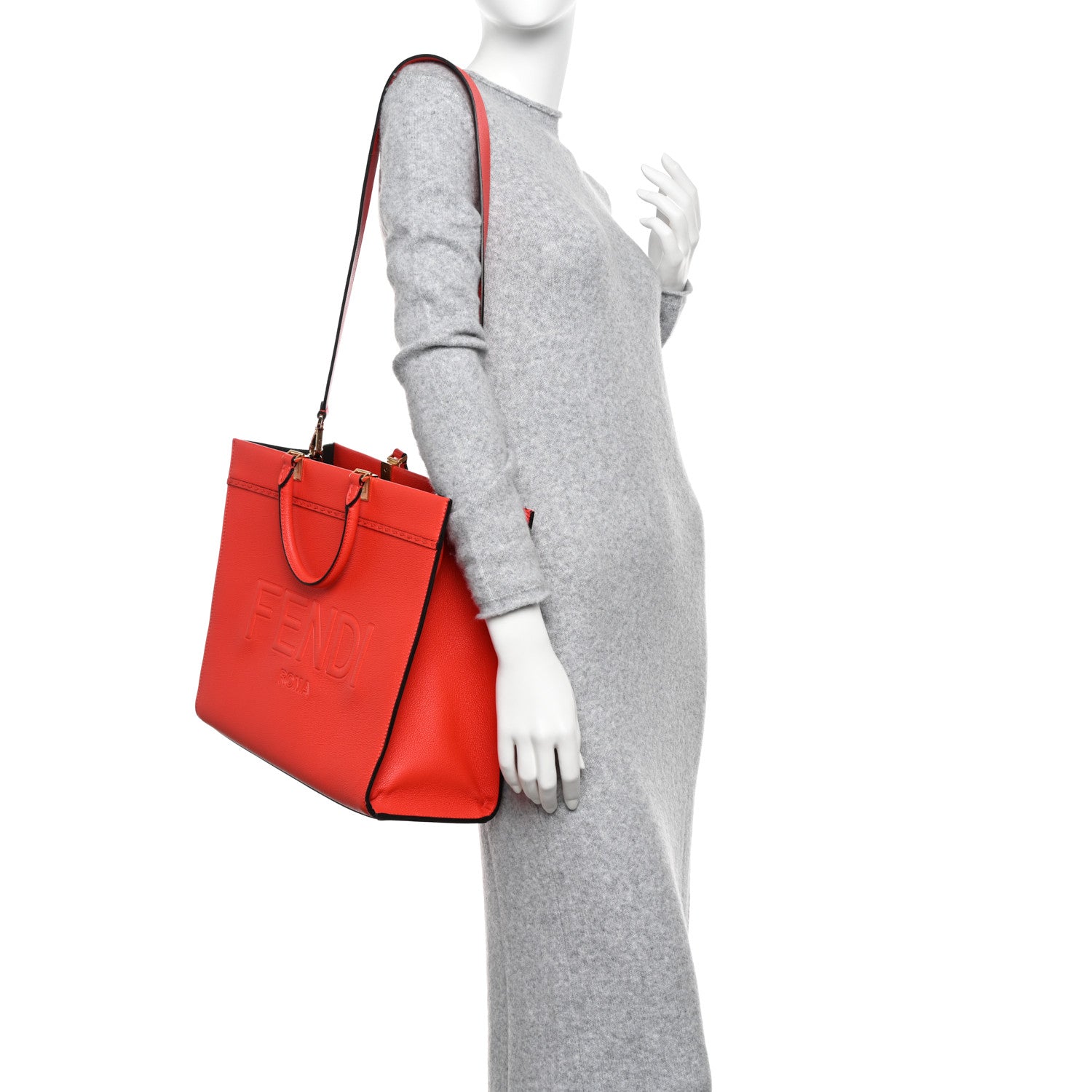 Fendi Vitello Cher Logo Debossed Medium Fendi Sunshine Shopper Tote Lava 2 of 14