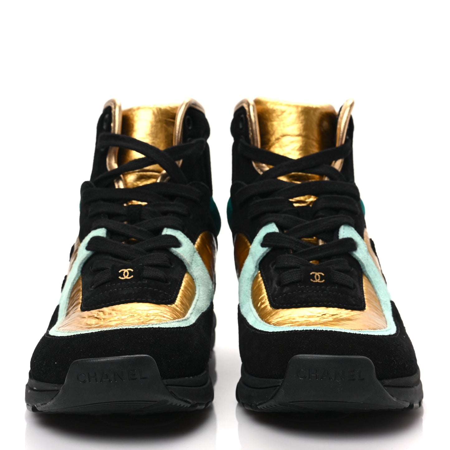 Suede Calfskin Fabric CC High Top Sneakers 37 Black Turquoise Gold