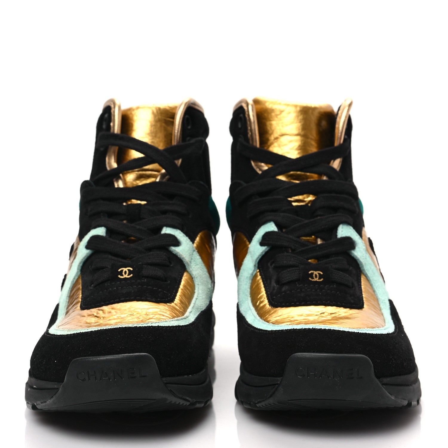 Chanel Suede Calfskin Fabric CC High Top Sneakers 37 Black Turquoise Gold 2 of 7