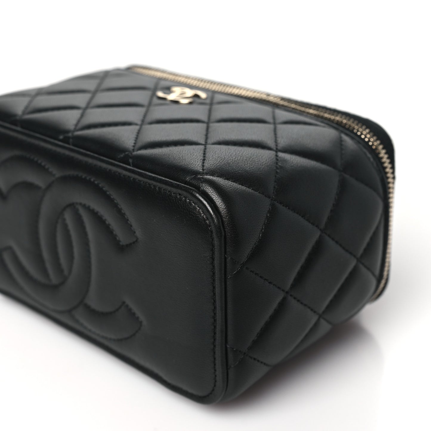 Lambskin Quilted Small Top Handle Vanity Case With Chain Black