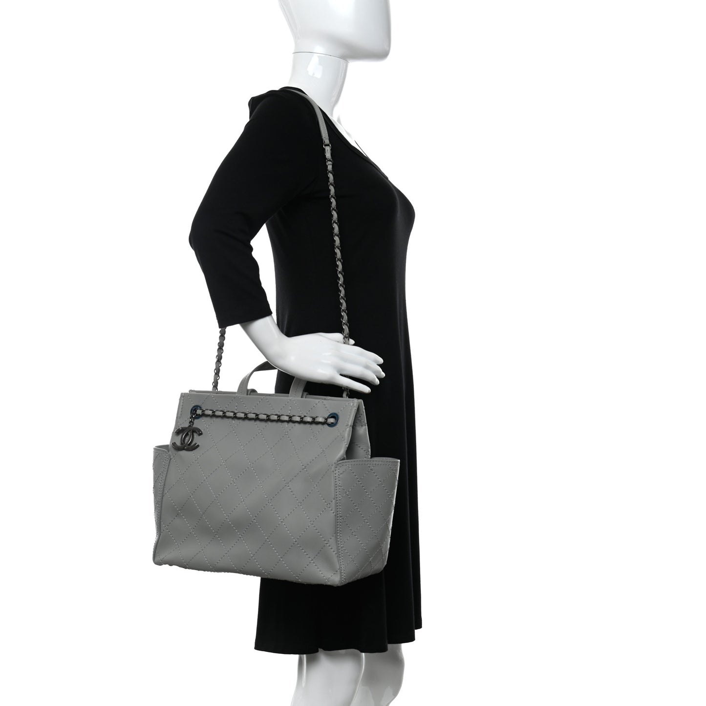 Grained Calfskin Small CC Pocket Tote Grey