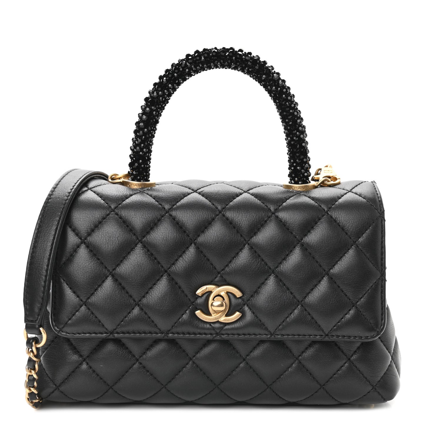 Calfskin Strass Quilted Mini Coco Handle Flap Black